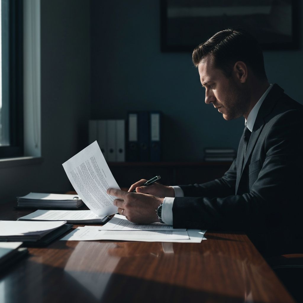 Criminal defence lawyer reviewing case documents